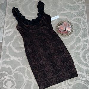 NWT🌷MAGGY LONDON🌷Brown with black ruffle neck flocked sleeveless bodycon dress